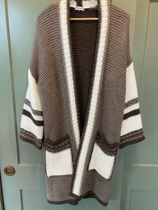 fobya Sweaters - Brown and Cream Open-Front Knit Cardigan Sweater